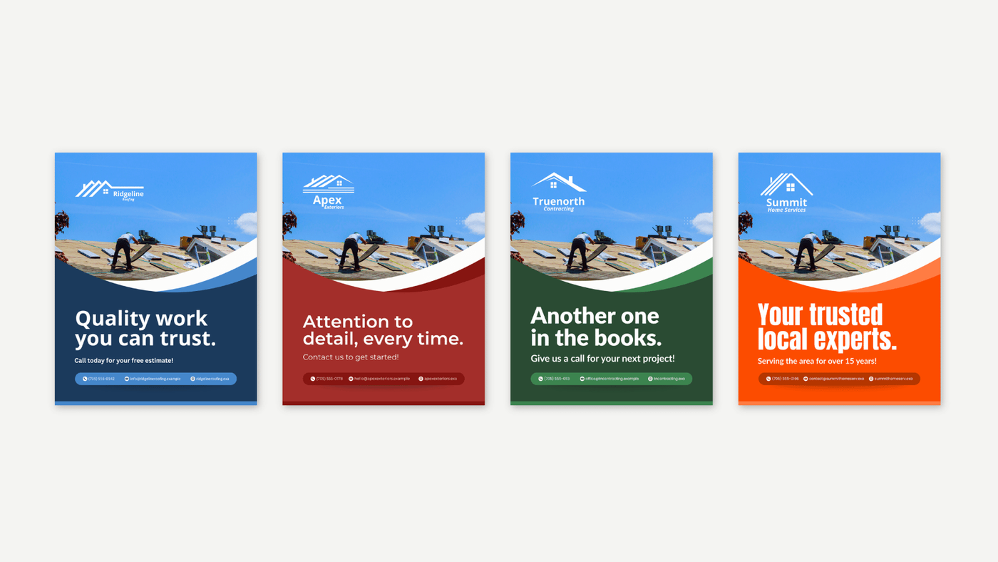 Four roofing company ads in different colours, each using the same photo and layout with a different business name.