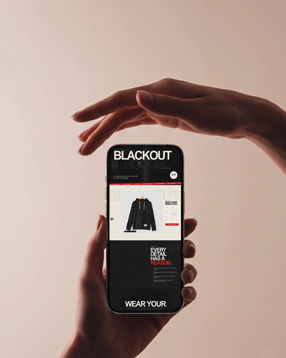 Hand holding a phone displaying a MAD Apparel product page for the Blackout Hoodie, featuring a black hoodie photo, pricing, and brand messaging.