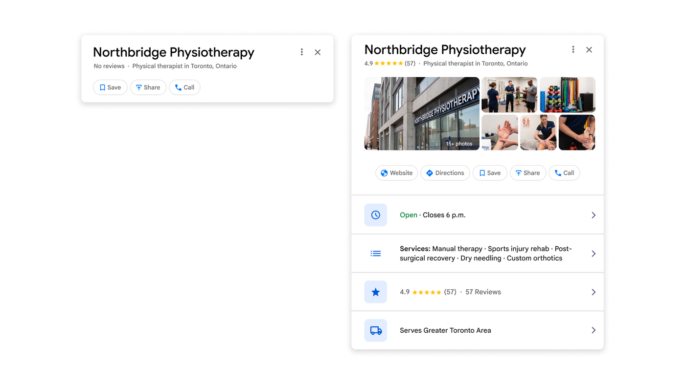 A nearly empty business profile beside a complete one with photos, hours, services, and reviews.