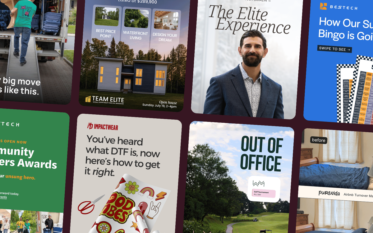 A grid of client social graphics: a mover, a real estate listing, a portrait headshot, a BESTECH promo, a Community Builders Awards post, an Impactwear DTF post, a golf event graphic, and a Pura Vida before/after.