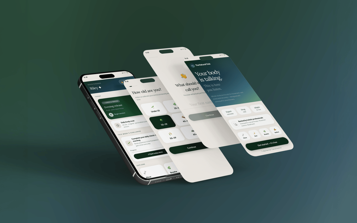 Three phone screens showing a wellness app's onboarding flow and daily dashboard, featuring a check-in screen, age selection, and welcome message.