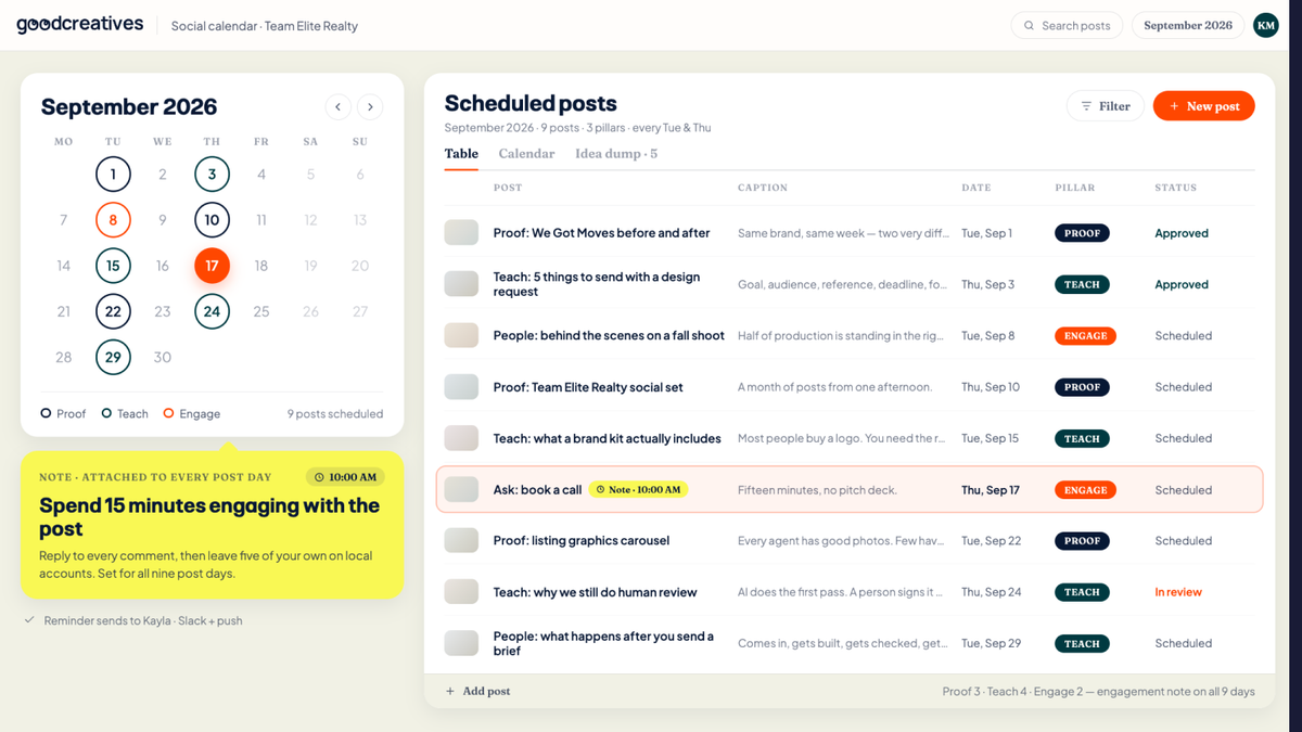 A September calendar beside a scheduled post list, with a recurring engagement reminder.