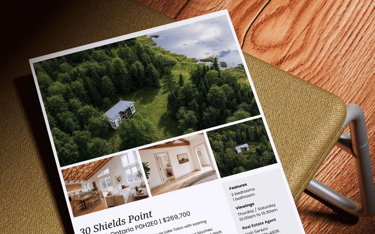 Real estate flyer for a lakeside property at 30 Shields Point, showing aerial forest photos, interior shots, price, and agent contact details.