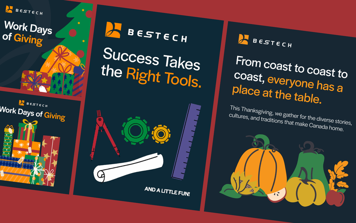 Four seasonal social graphics for an industrial company featuring illustrated holiday gifts, drafting tools, and autumn produce.