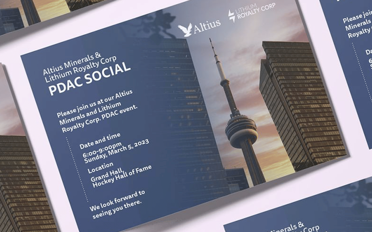 Invitation card for an Altius Minerals and Lithium Royalty Corp event at PDAC, featuring the CN Tower and event details.