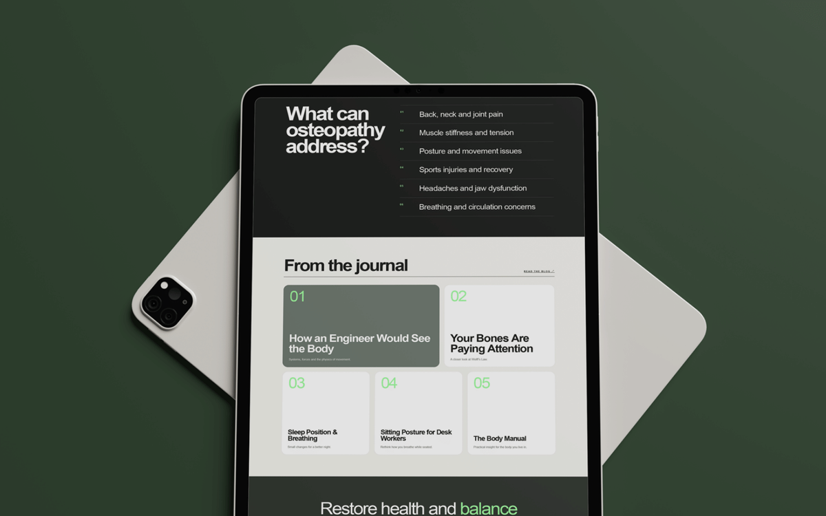 Tablet displaying an osteopathy clinic newsletter page listing common conditions treated and a grid of five blog article previews.