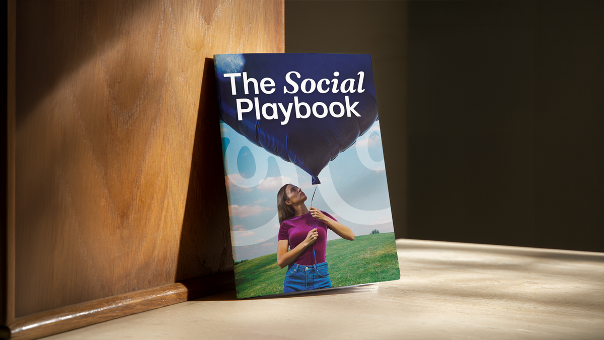 Mockup of The Social Playbook cover, showing a woman in a field with a navy balloon, propped against a wood cabinet.