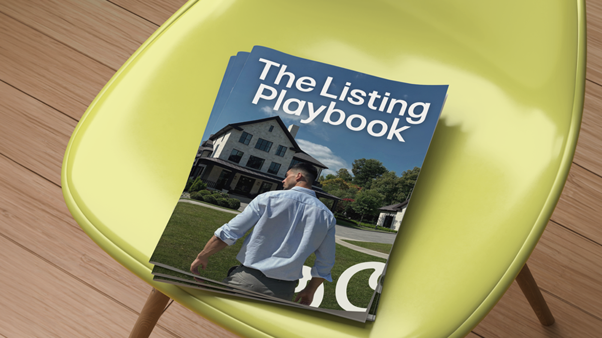 Mockup of The Listing Playbook guide, a man in a light blue shirt facing a large house on the cover, resting on a lime green chair.