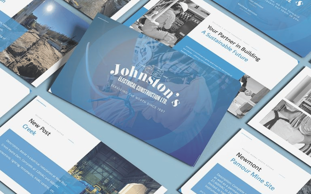 A layout of presentation slides for Johnston's Electrical Construction Ltd, including a title slide and pages featuring project photos and site work.