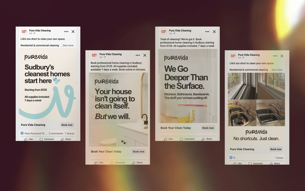 Four Facebook ad mockups for Pura Vida Cleaning with different headlines and photos, promoting home cleaning services in Sudbury.