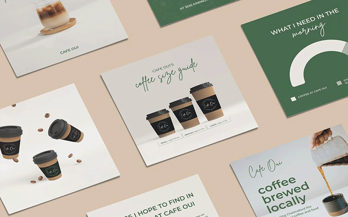 Grid of nine social media post designs for Cafe Oui, a Chelmsford coffee shop, featuring product shots, brand messaging, and a coffee size guide.