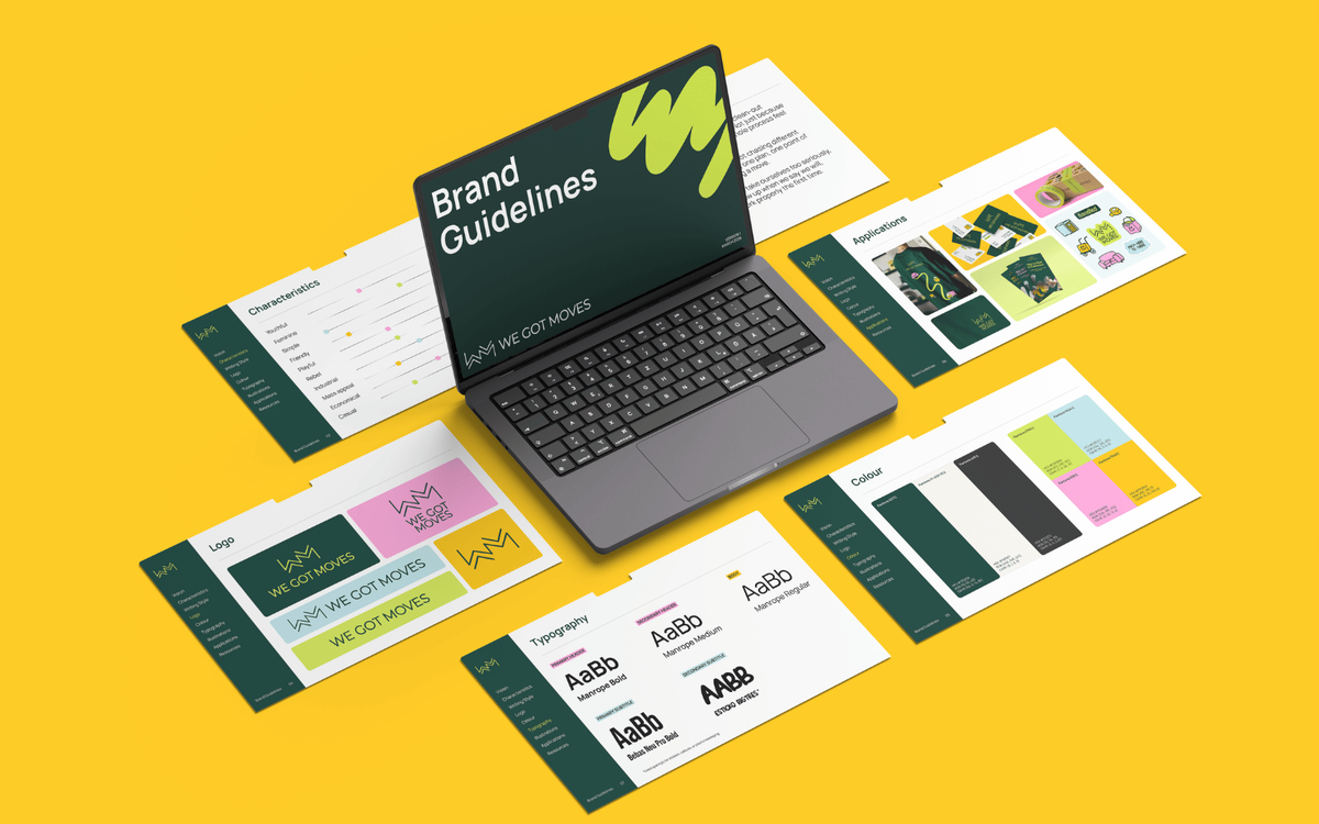A laptop mockup showing a "We Got Moves" Brand Guidelines cover slide on a yellow background, surrounded by pages covering characteristics, logo variations, typography, color palette, and brand applications.