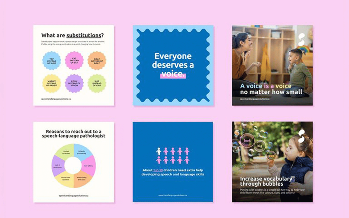 Six educational social graphics for a speech-language pathology practice, covering topics like sound substitutions, reasons to see a speech-language pathologist, and vocabulary-building activities for kids.