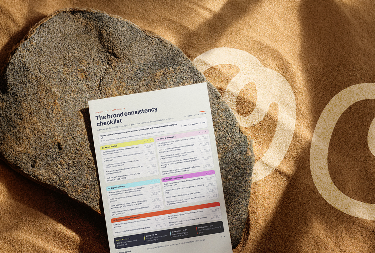 A printed checklist titled 'The brand consistency checklist' resting on a rock over sand, showing 5 coloured sections with pass/fail score boxes and a navy scoring panel at the bottom, next to a large decorative Good Creatives logo etched in the sand.