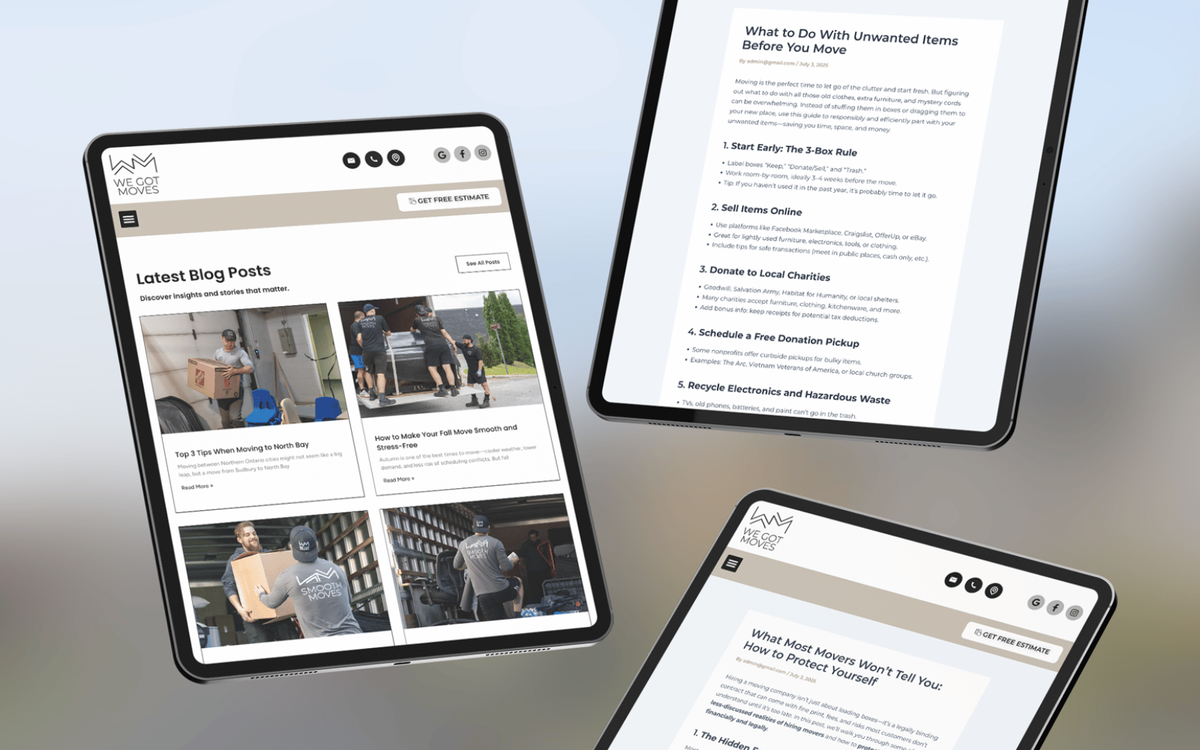Three tablets displaying a moving company blog page with a grid of two articles and a full blog page open on the second screen.