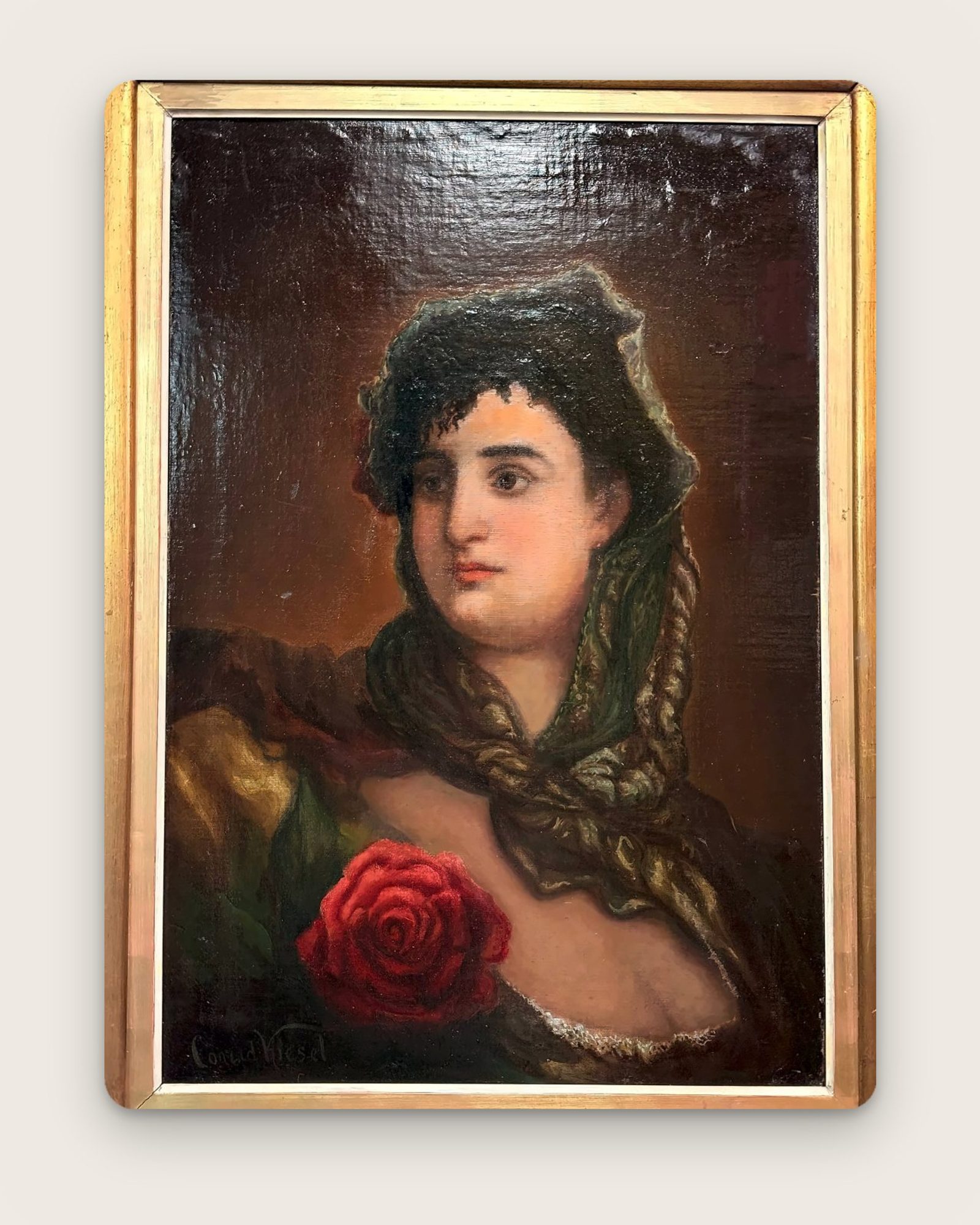 Painting: portrait of a woman with a dark veil and a red rose, in a gilded frame