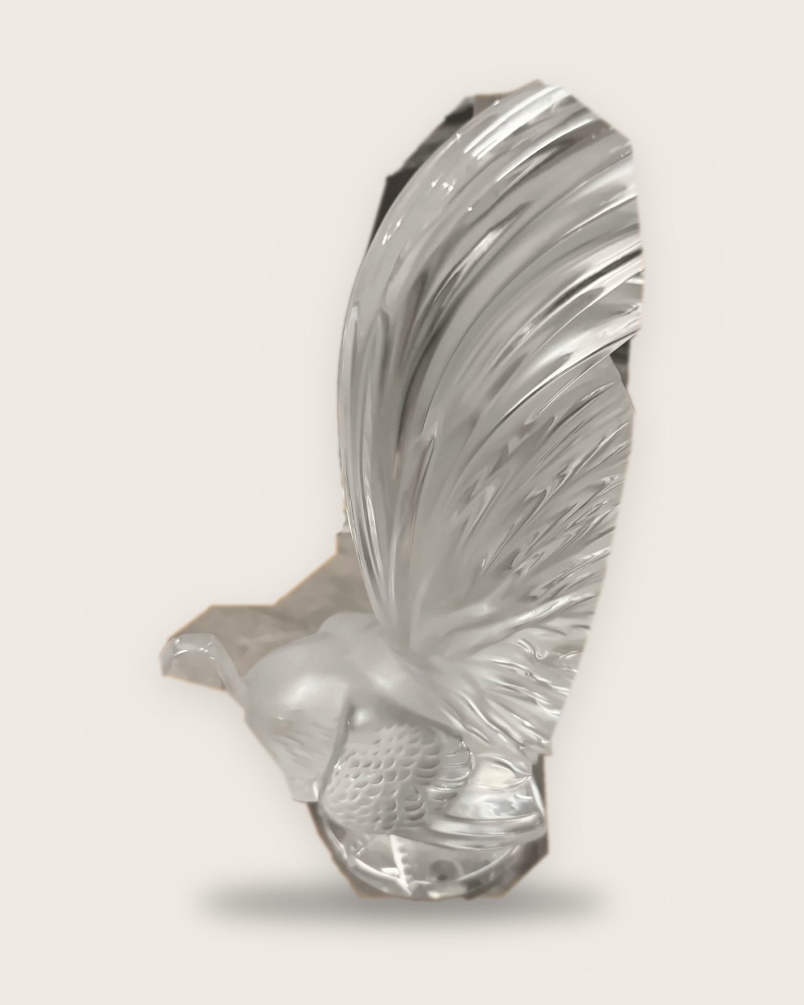 Scultura Lalique a forma di gallo con alta coda a ventaglio
