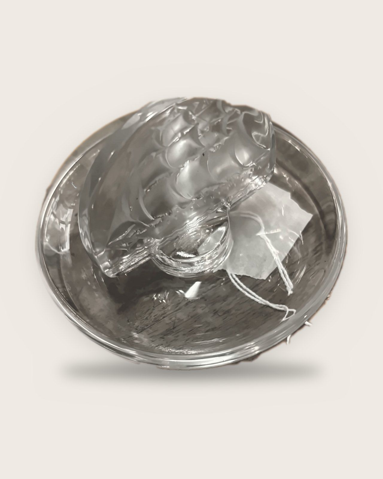 Clear Lalique dish with a sailing ship in relief