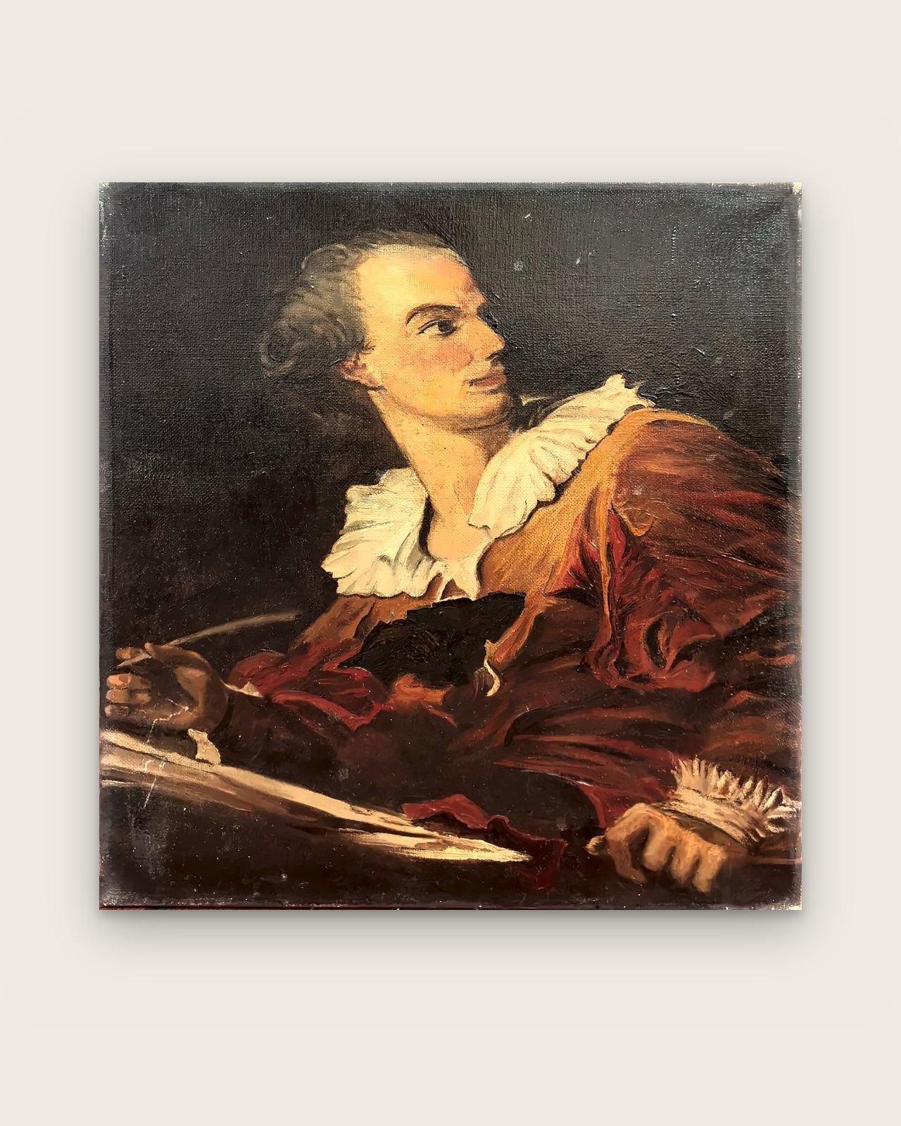 Painting on canvas: young man with a white collar and red coat holding a quill