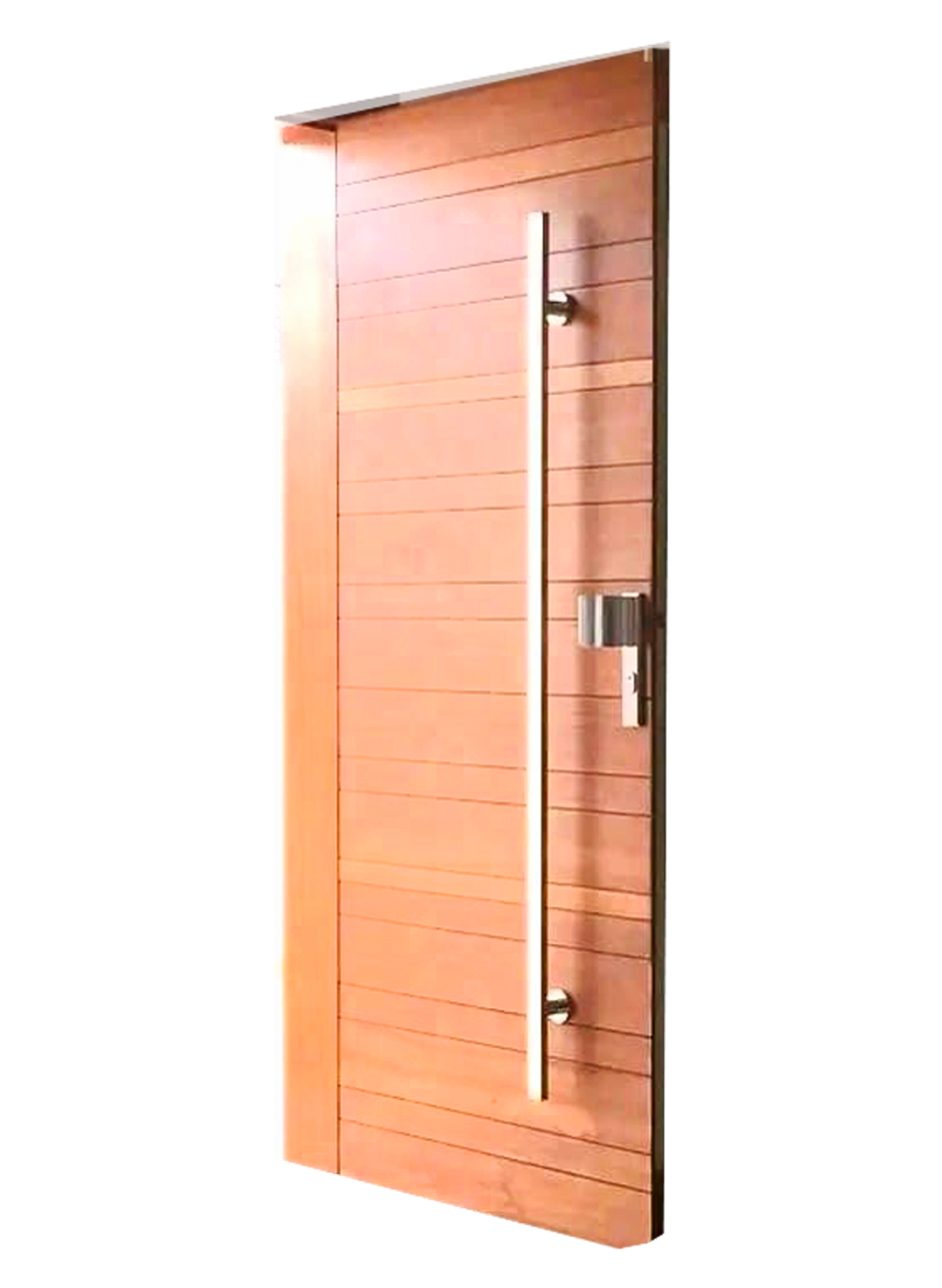Solid Mvuli tongue and groove door in natural hardwood finish