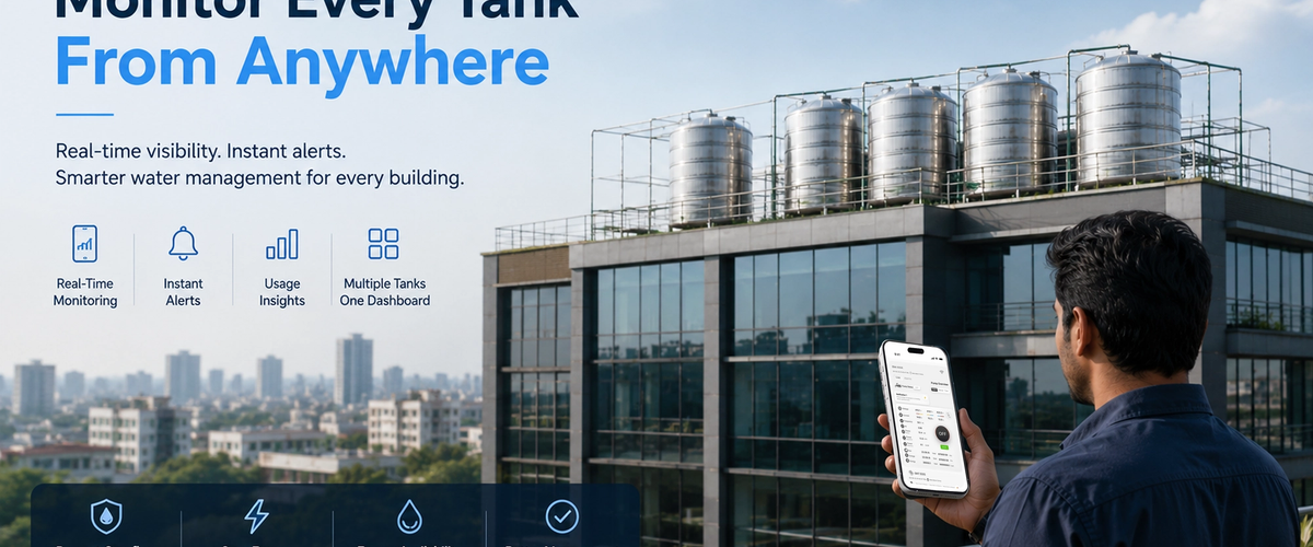 Modern commercial building rooftop with multiple stainless-steel water tanks, while a facility manager remotely monitors tank levels on a smartphone