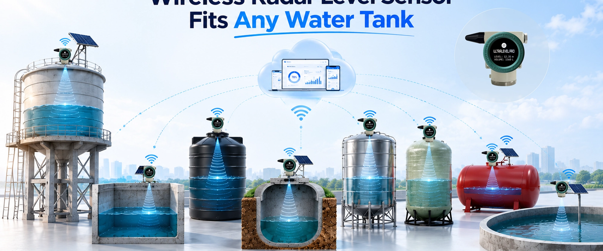 Wireless radar level sensor monitoring different water tank shapes, sizes, and materials with IoT-based smart water management.