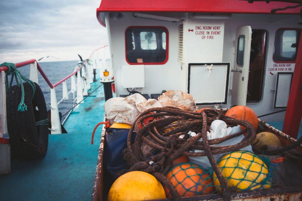 Buoys and ropes on the deck of a fishing vessel