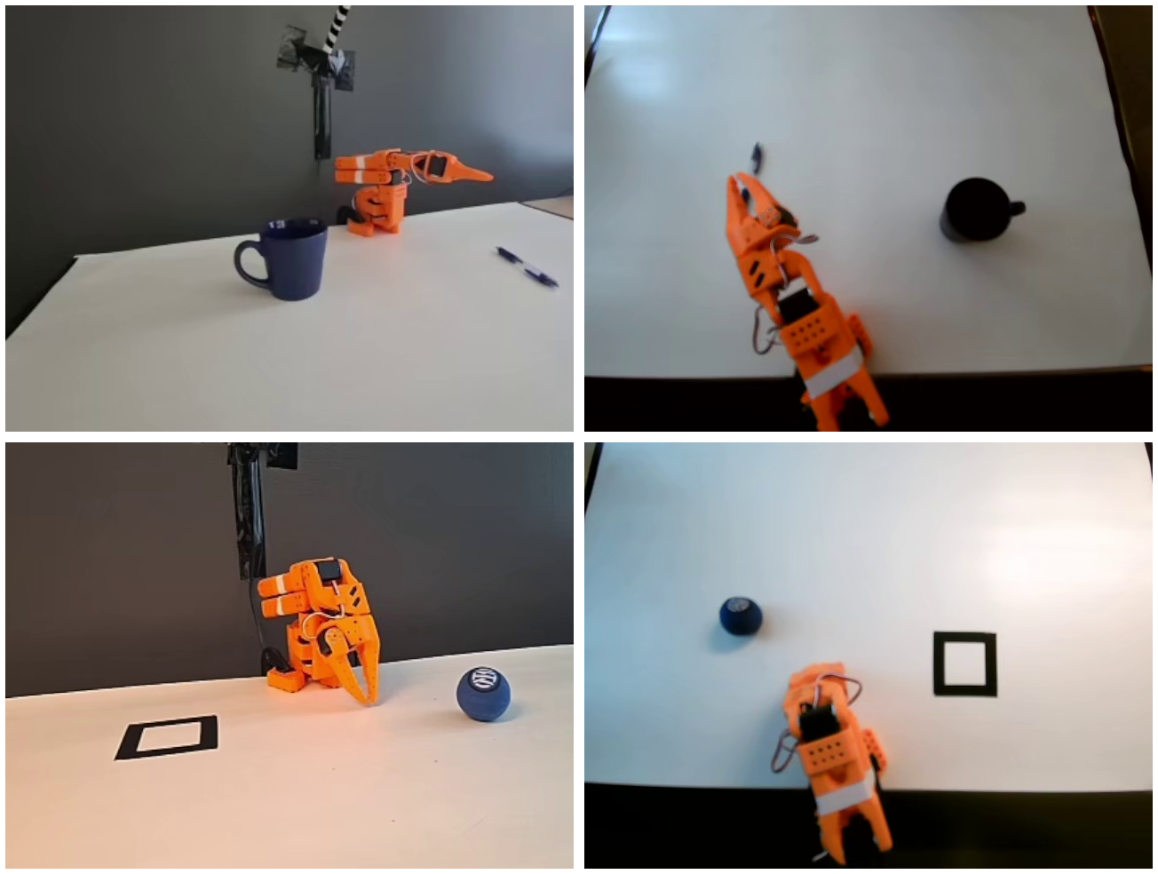Front and overhead camera views of a low-cost orange robot arm doing the pen-in-cup and ball-to-square tasks