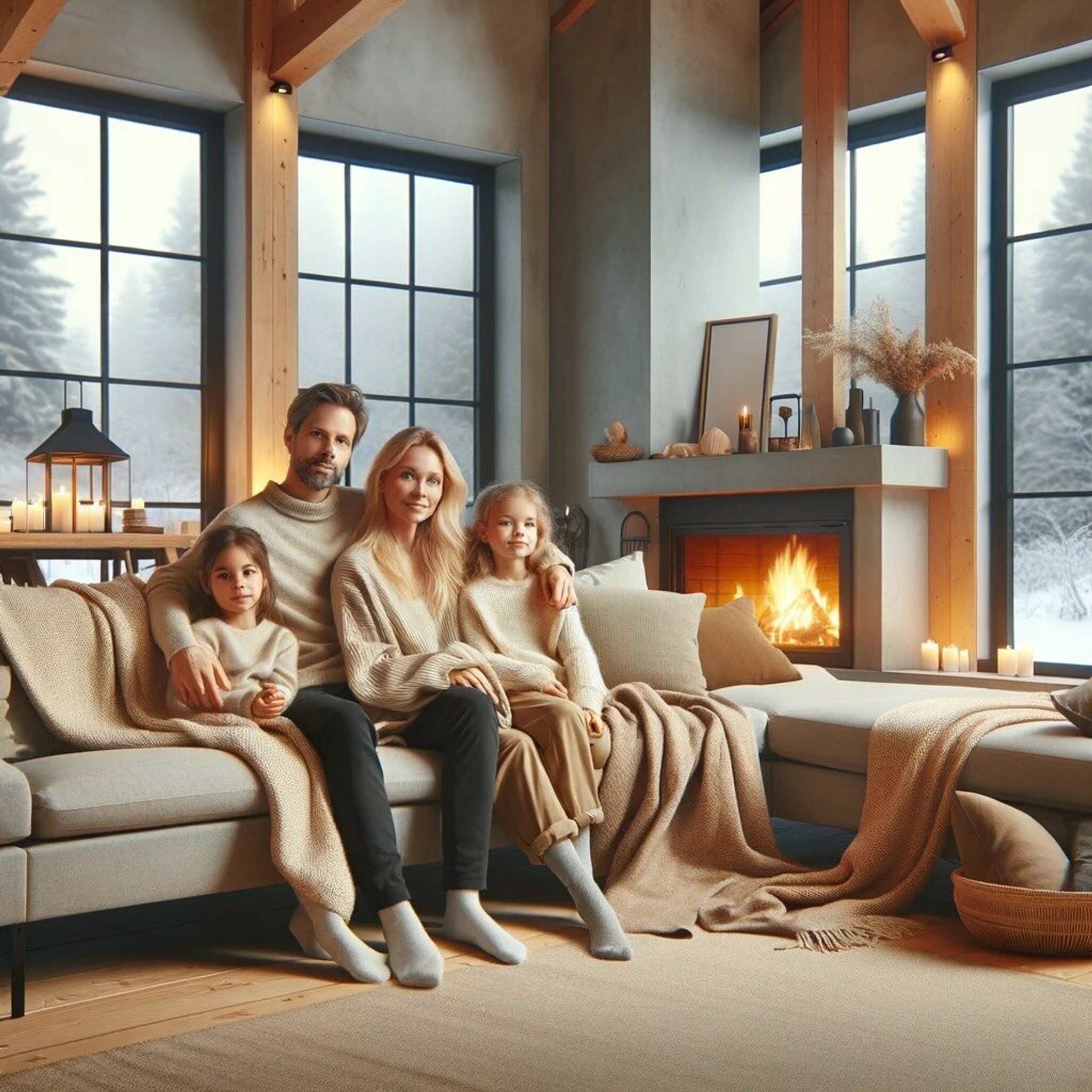 DALL·E 2024 01 05 15.49.05 A cozy Scandinavian living room with minimalist design featuring a family of four 1024x1024