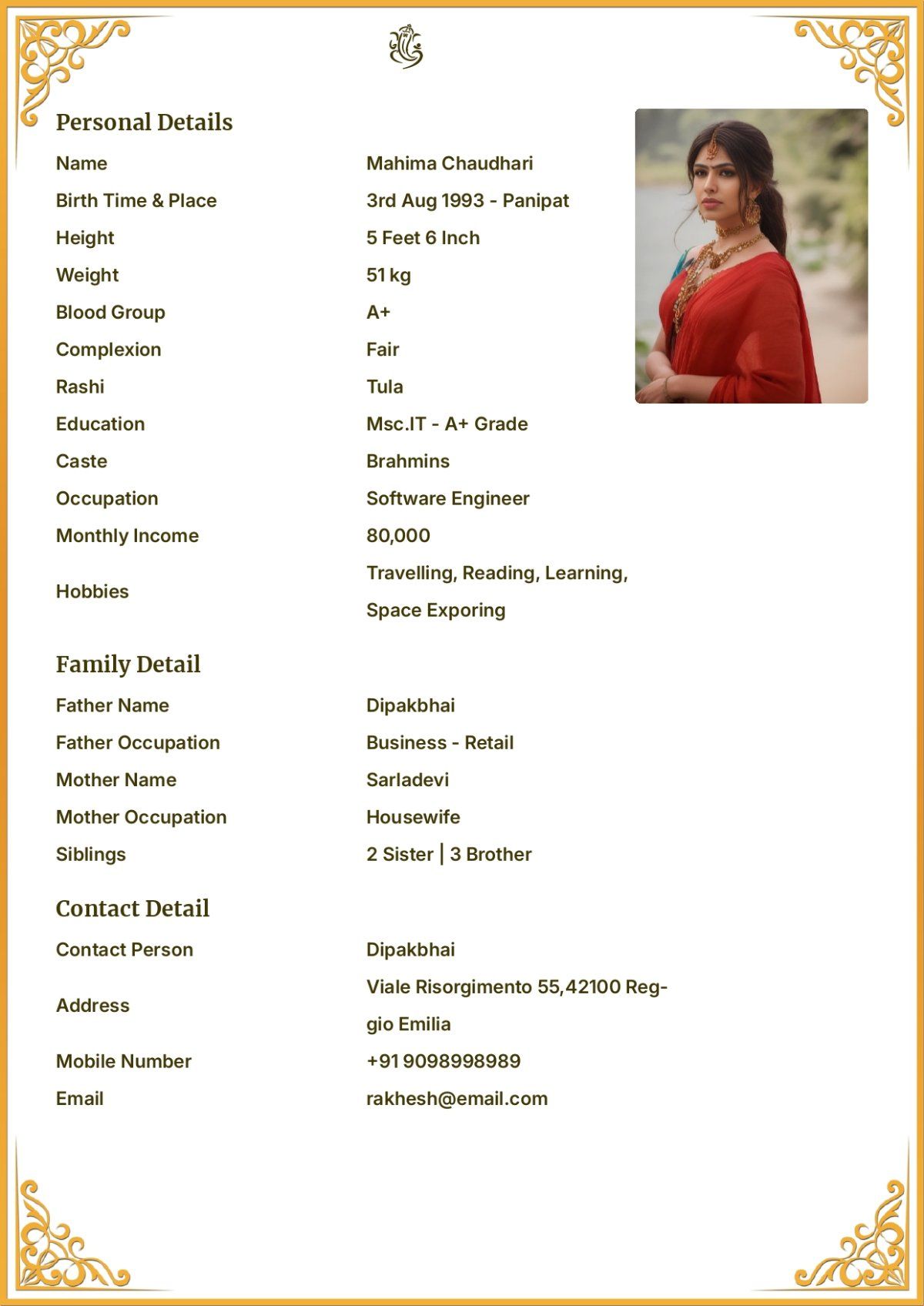 Female Marriage Biodata Format