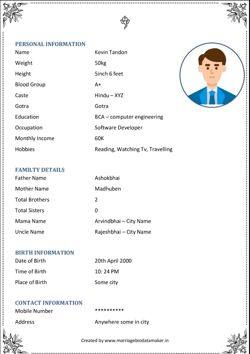 Hindu Marriage Biodata Template 1