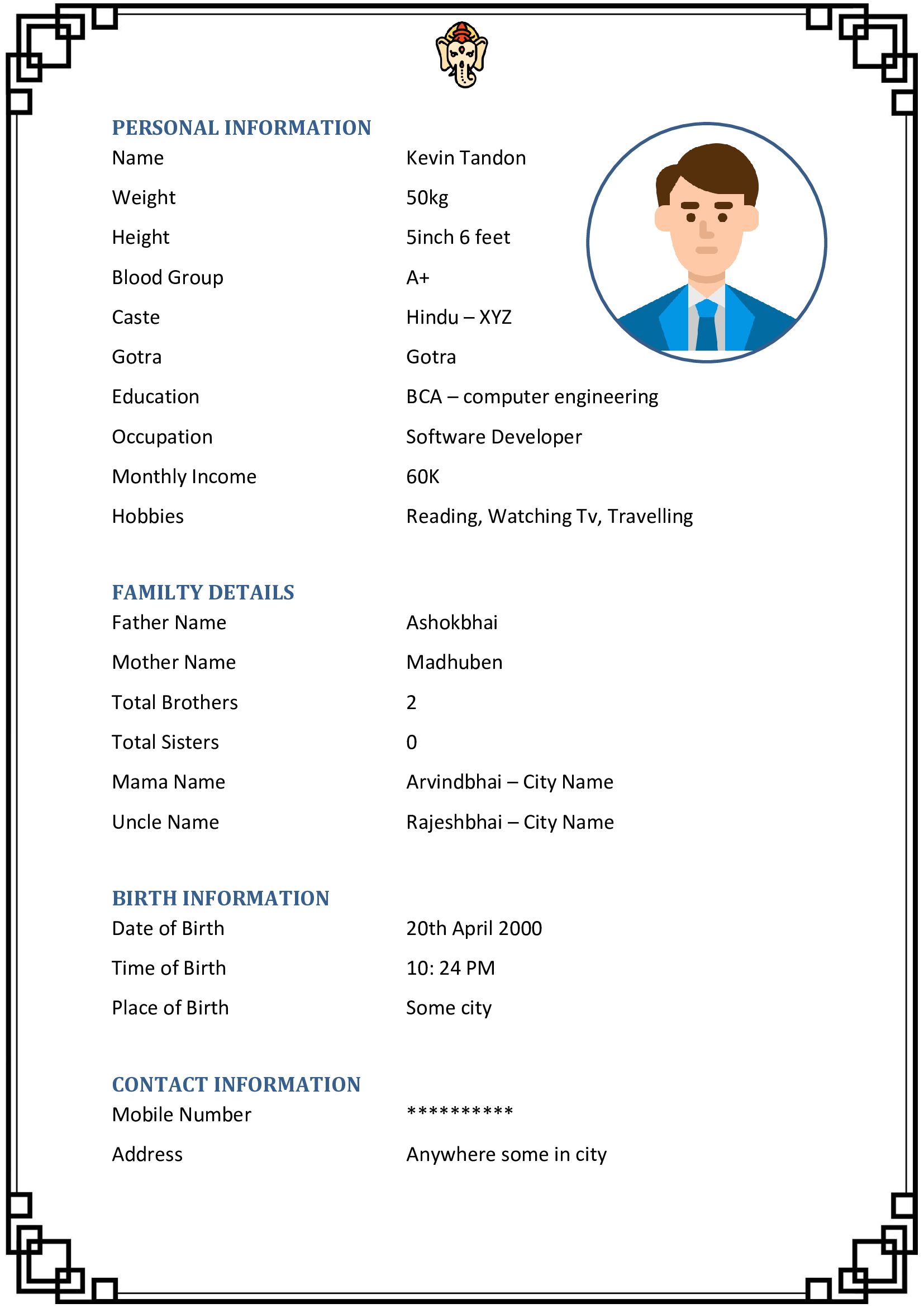 Hindu Marriage Biodata Format Word Templates