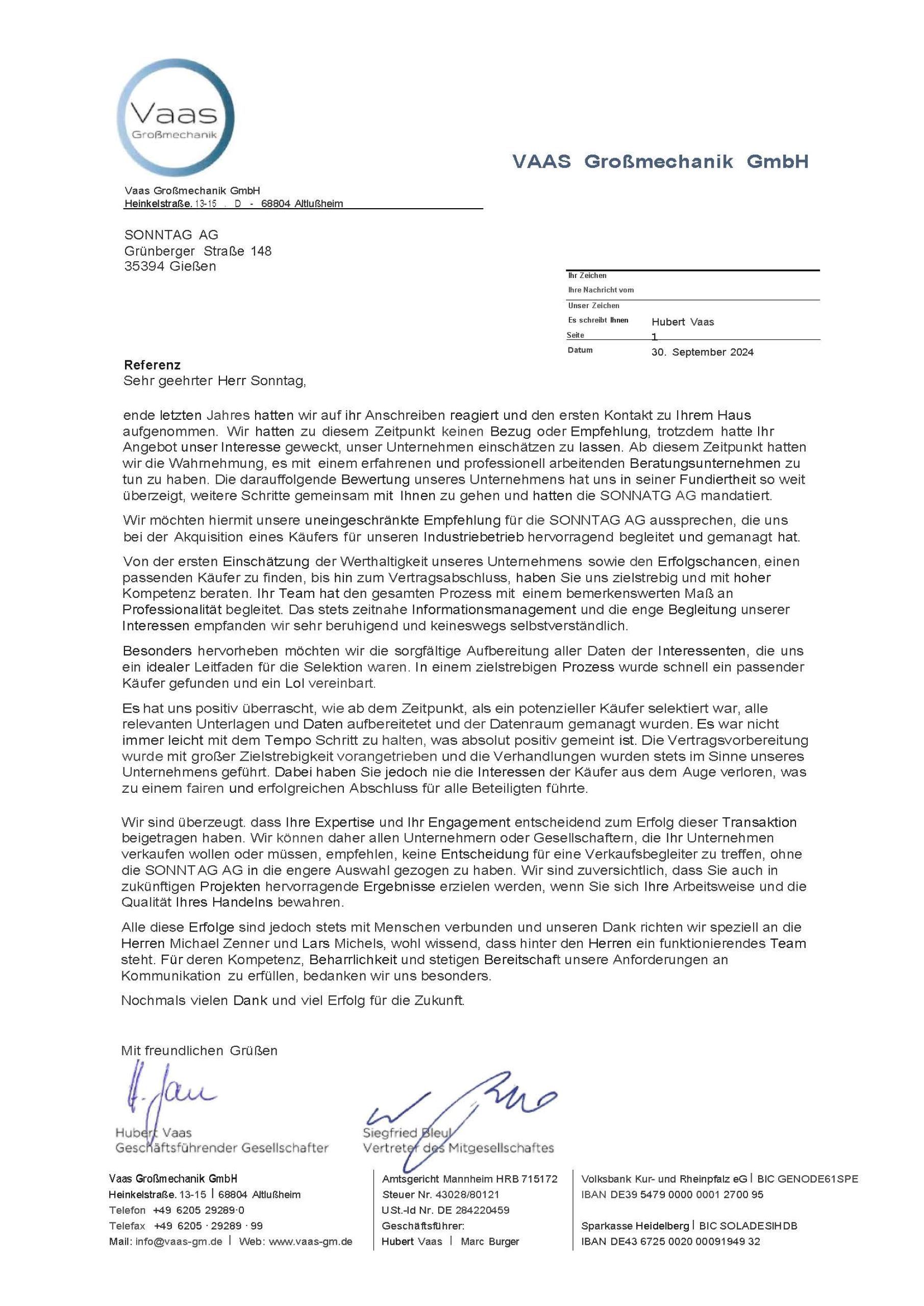 Referenzschreiben VAAS Großmechanik GmbH