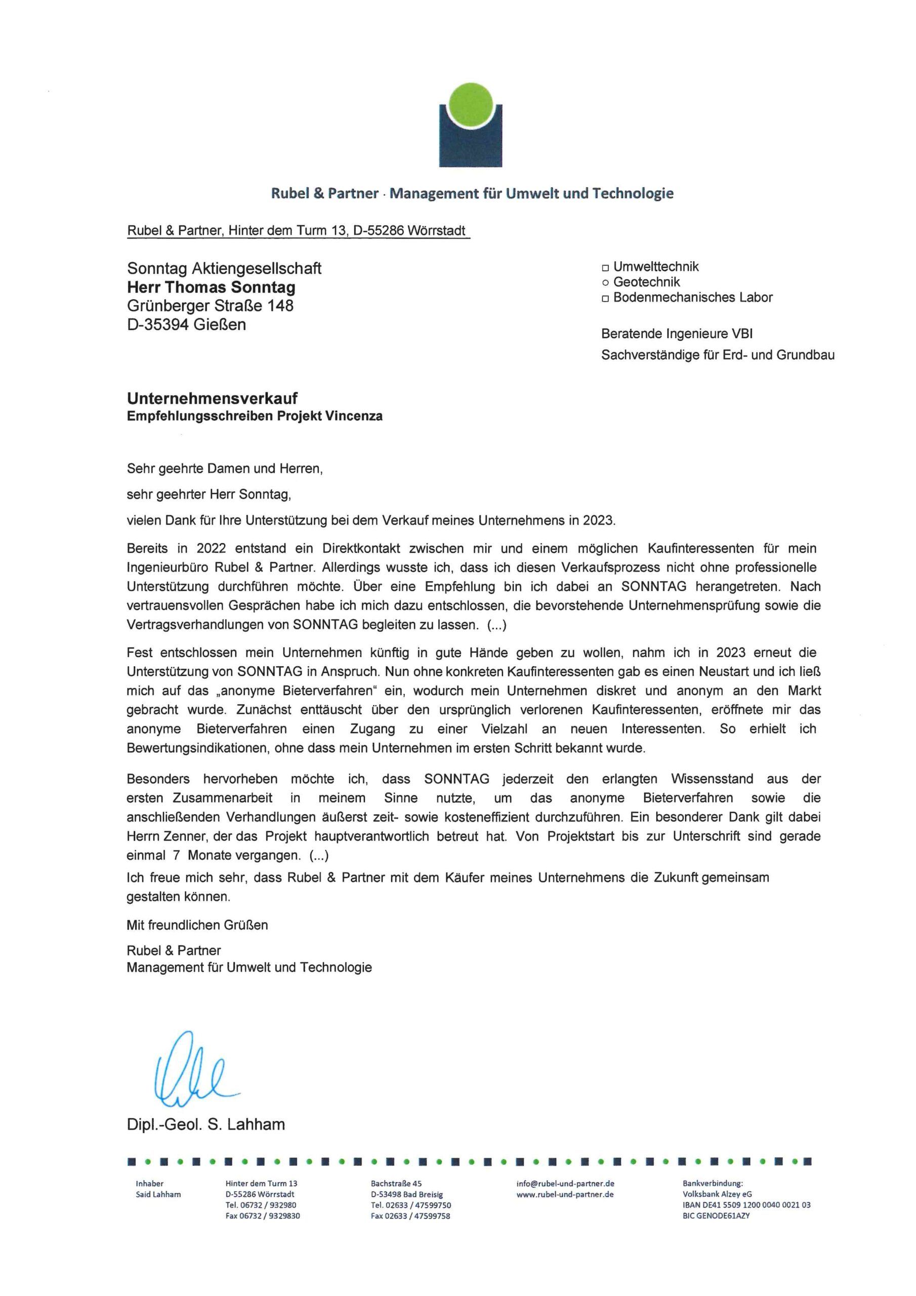 Referenzschreiben Rubel & Partner