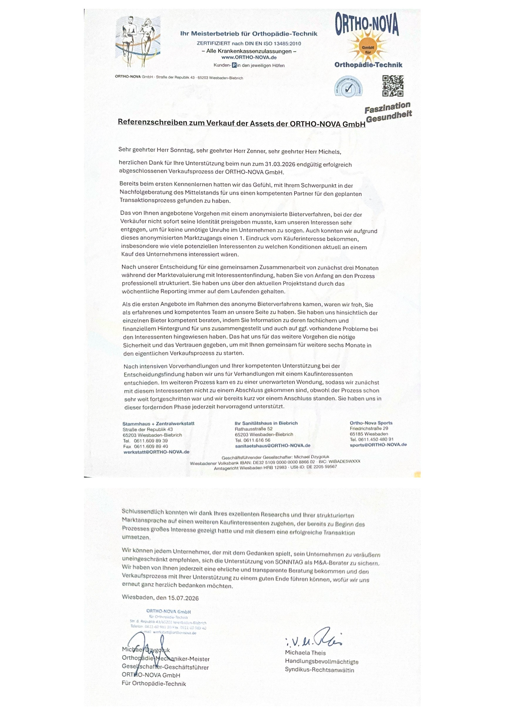 Referenzschreiben ORTHO-NOVA GmbH für Orthopädie-Technik