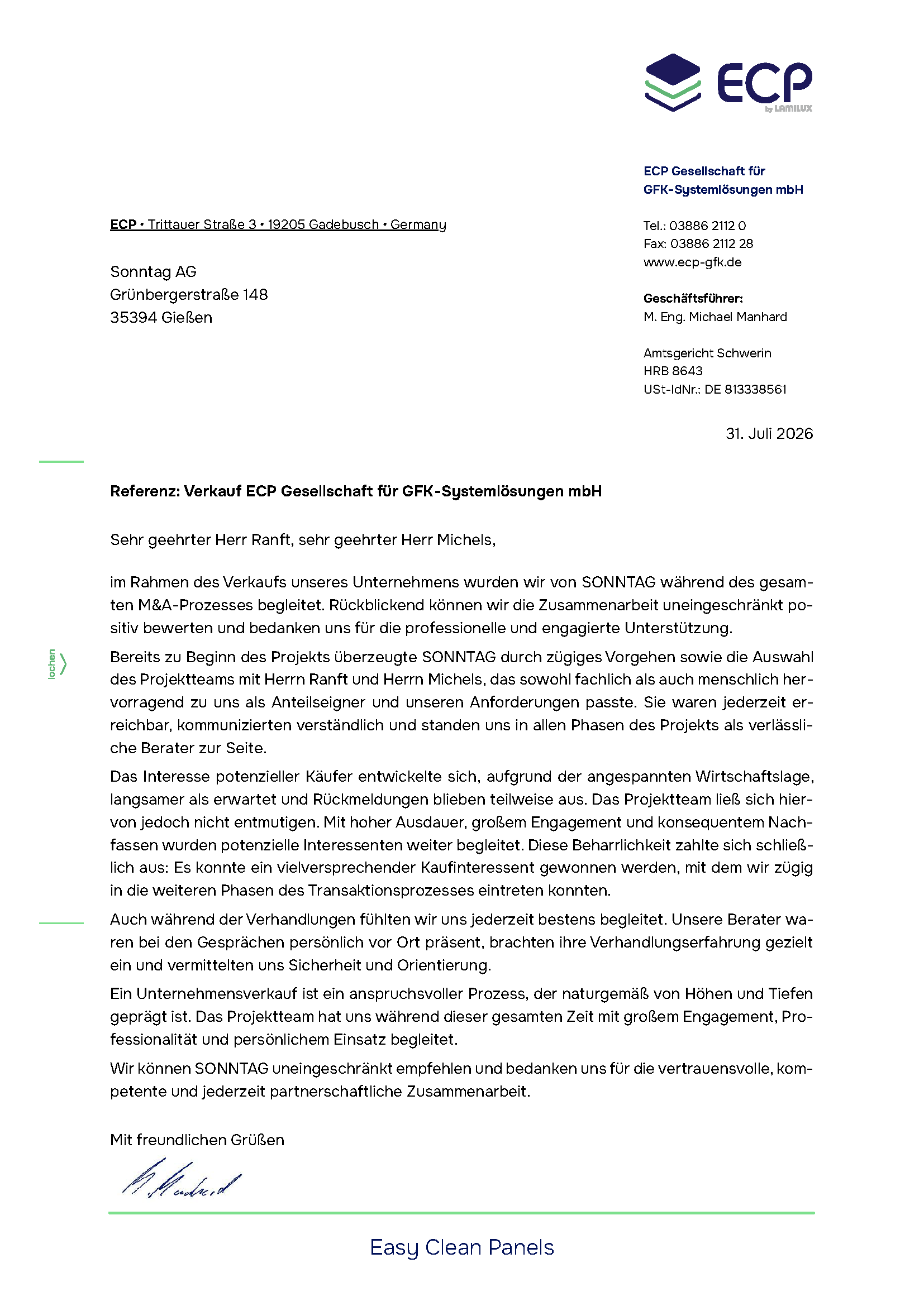 Referenzschreiben ECP Gesellschaft für GFK-Systemlösungen mbH