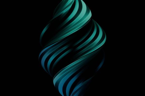 Abstract teal and blue spiral form on a dark background