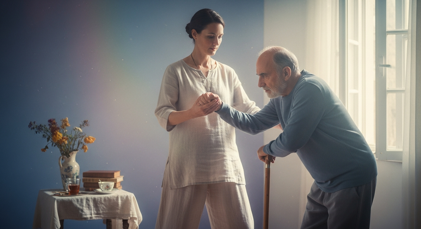 Caregiver holding hands with an older man using a cane in a bright room