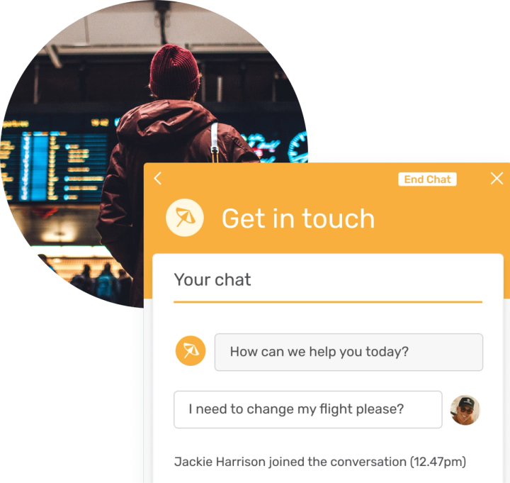 Live chat interface with person looking at flight board