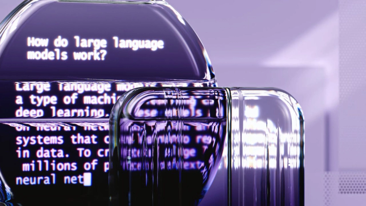 A glass-like graphic displaying computer text on large language models and how they work