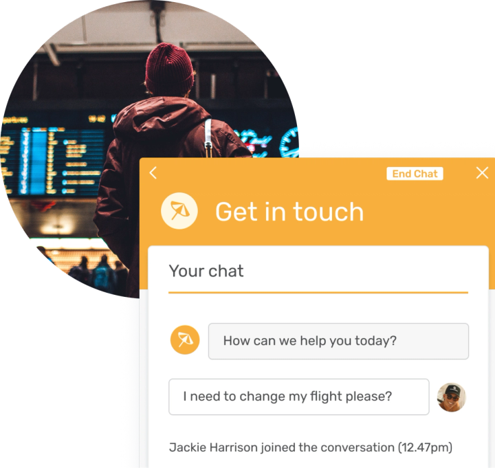 Live chat interface with person looking at flight board