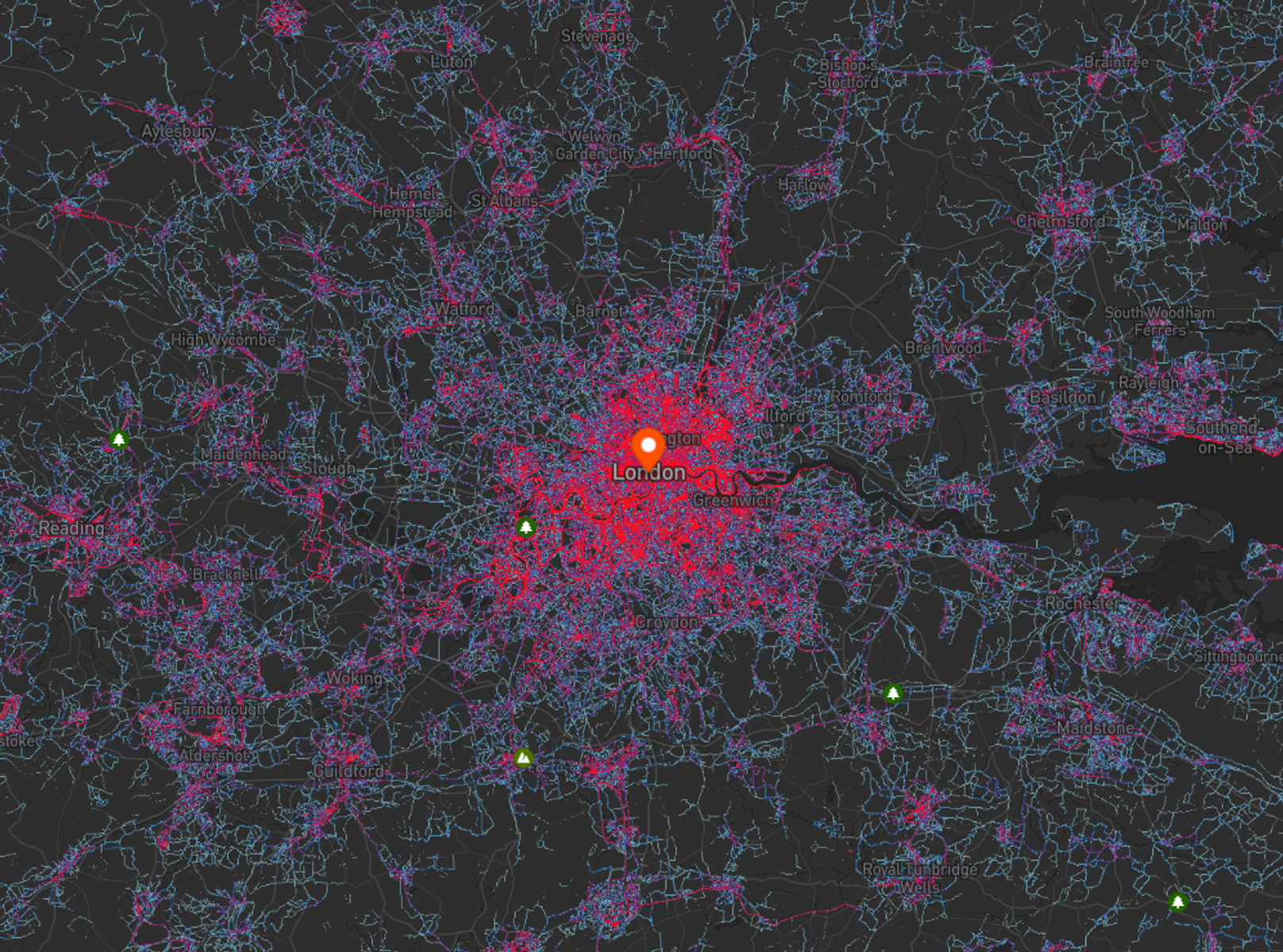 Strava heat maps, showing running routes