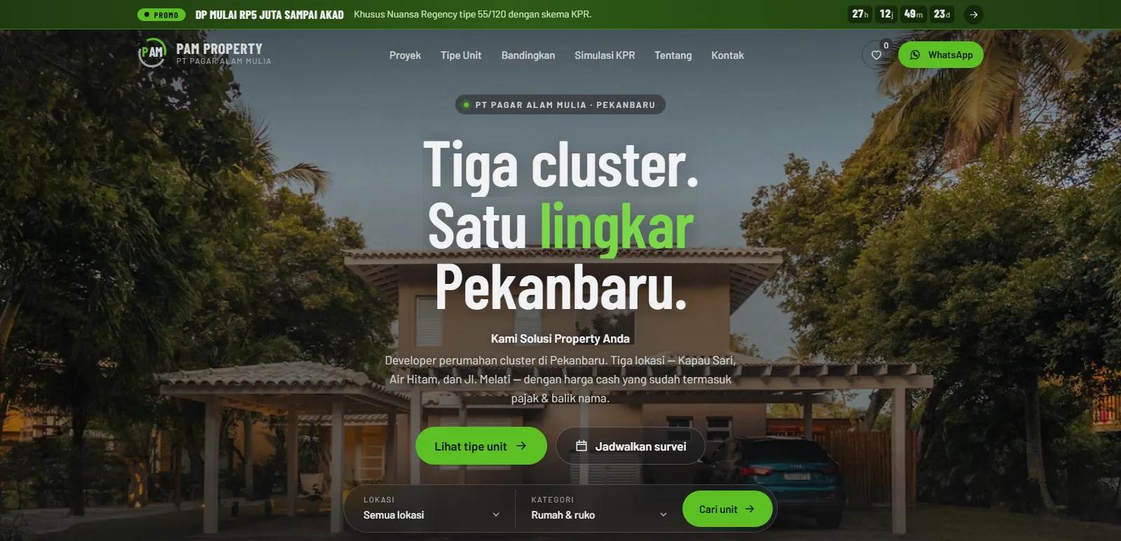 Homepage of the PAM Property website, a cluster housing developer in Pekanbaru