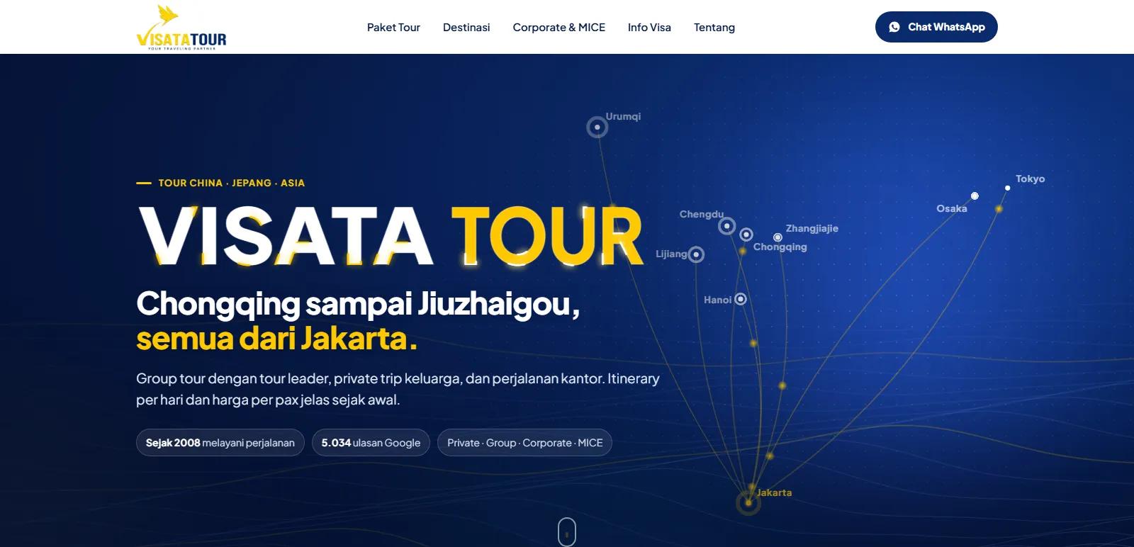 Homepage of the Visata Tour website with a route map from Jakarta to China and Japan