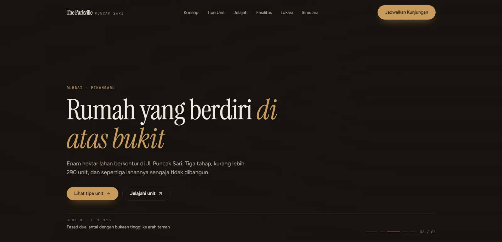 Tampilan beranda website The Parkville, hunian tropis di Bukit Rumbai Pekanbaru
