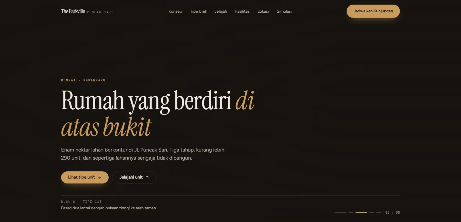 Tampilan beranda website The Parkville, hunian tropis di Bukit Rumbai Pekanbaru