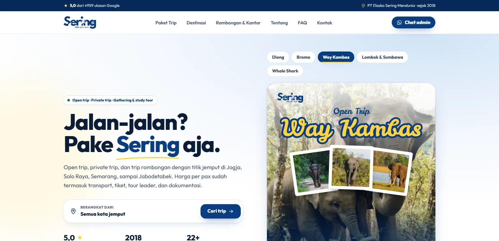 Homepage of the Sering Tour & Travel website, an open trip agency from Yogyakarta