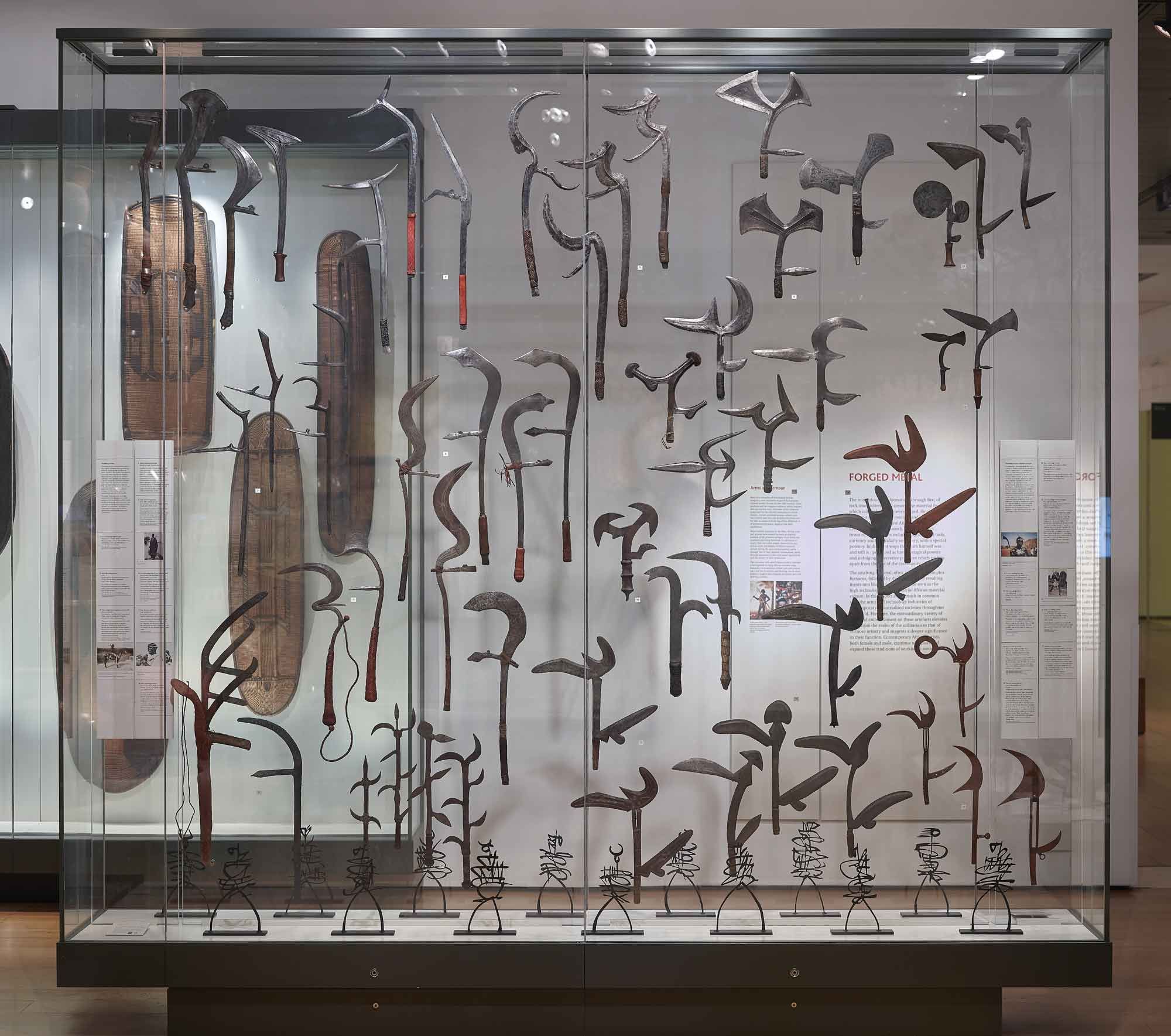 'African throwing knives' display in Gallery 25, Africa, at the British Museum, London. Courtesy of the British Museum.