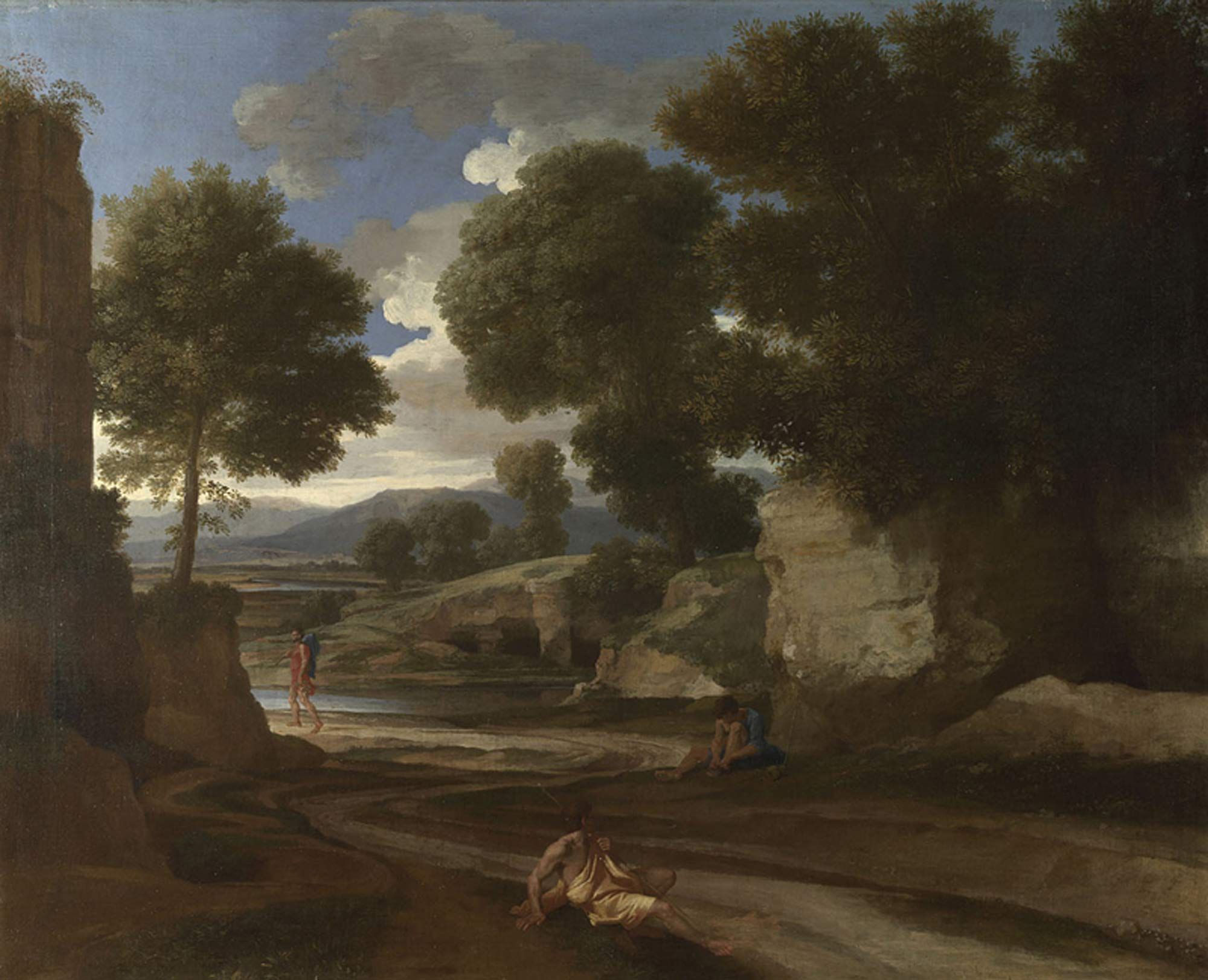 Nicolas Poussin, Landscape with Travellers Resting (1638-9), oil on canvas, 63 × 77.8 cm. Courtesy of the National Gallery, London.