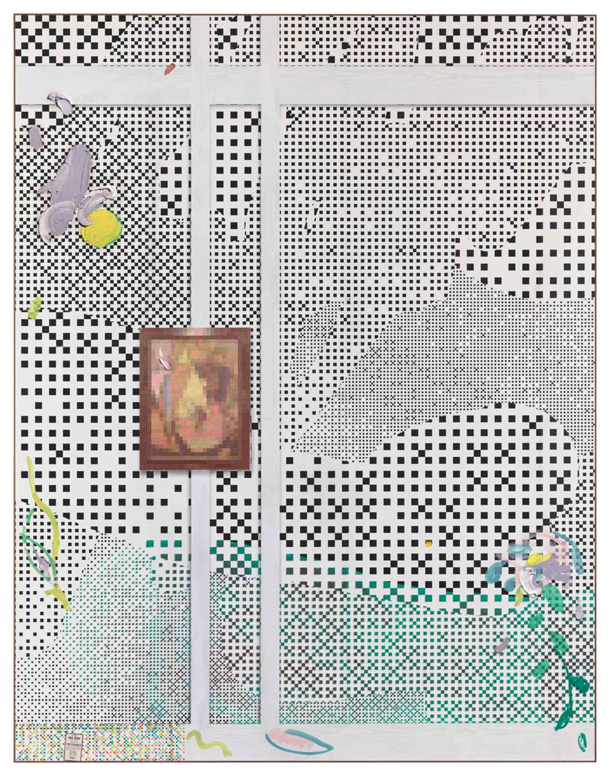 Laura Owens, 'Untitled', 2020. Oil, Flashe, screen printing inks, charcoal, and sand on wallpaper mounted to aluminum, with walnut frame.